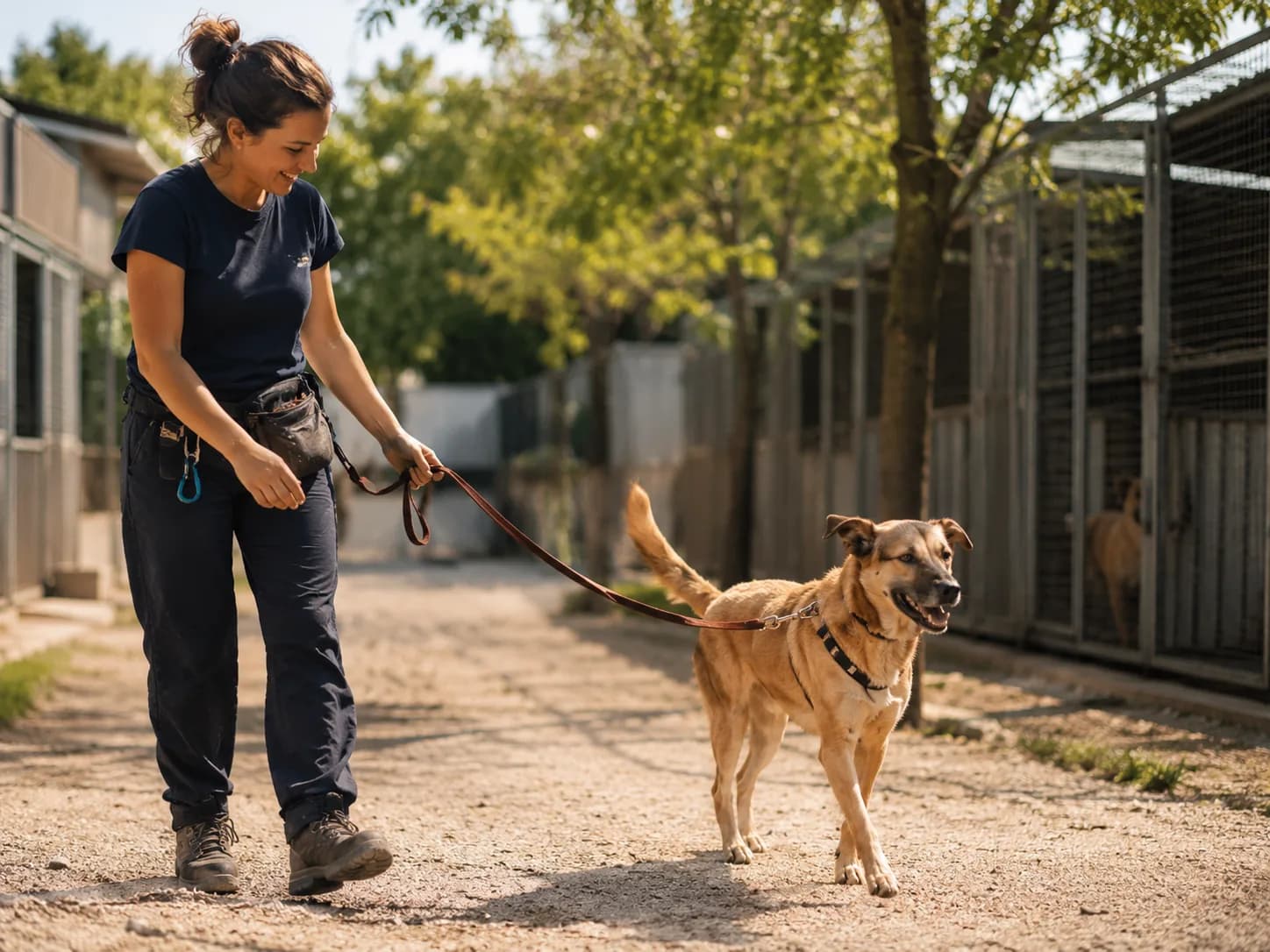 Une bénévole promène un chien dans un refuge