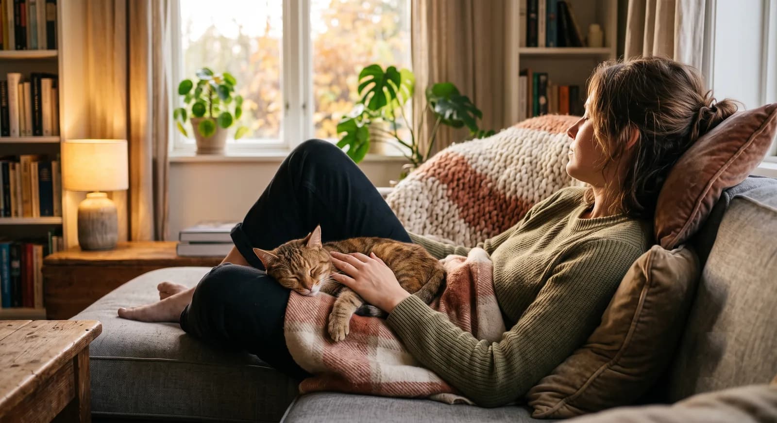Une famille d'accueil avec un chat sur le canapé