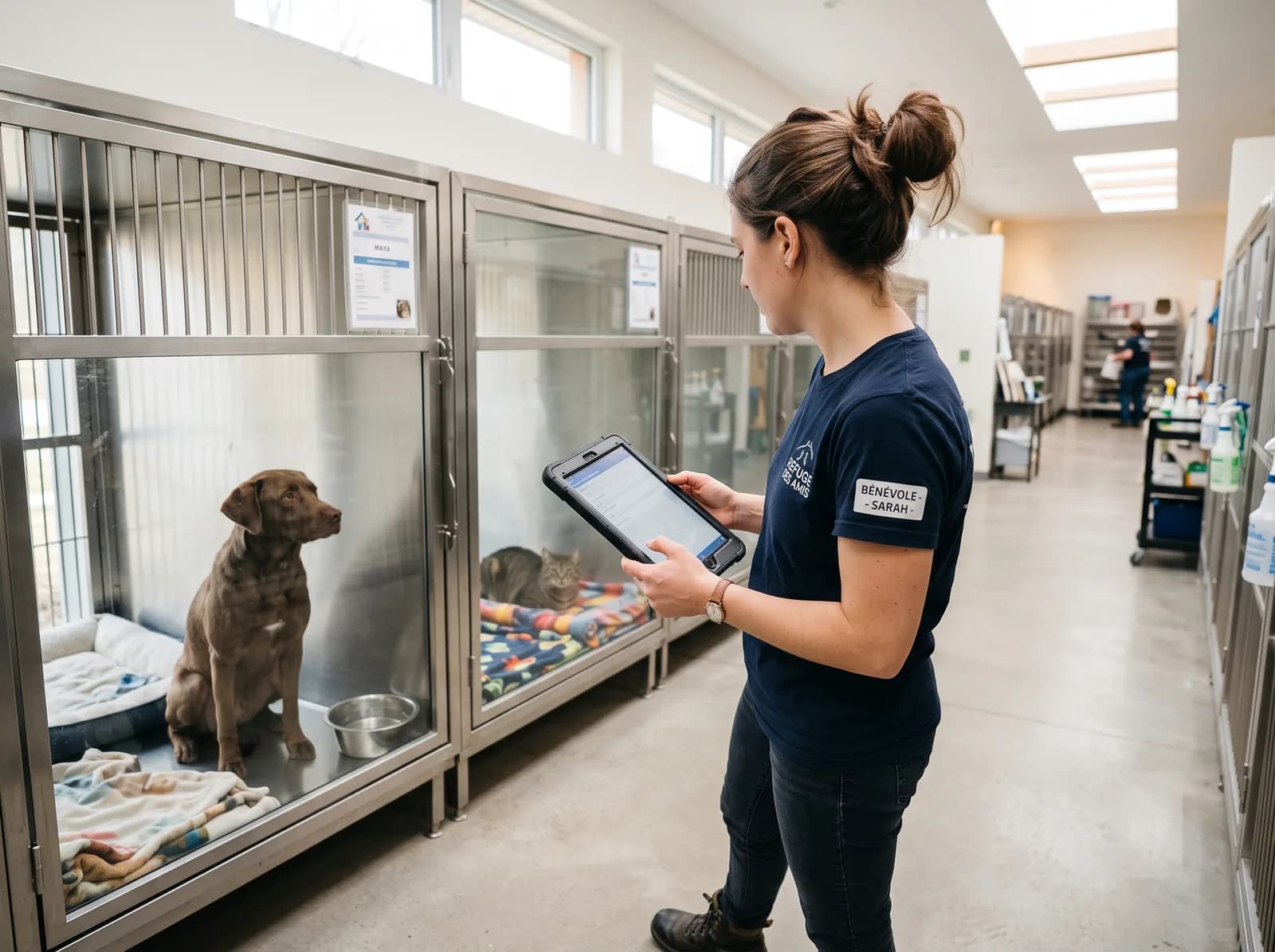 Une bénévole gère les animaux de son refuge sur tablette avec VetlyPro