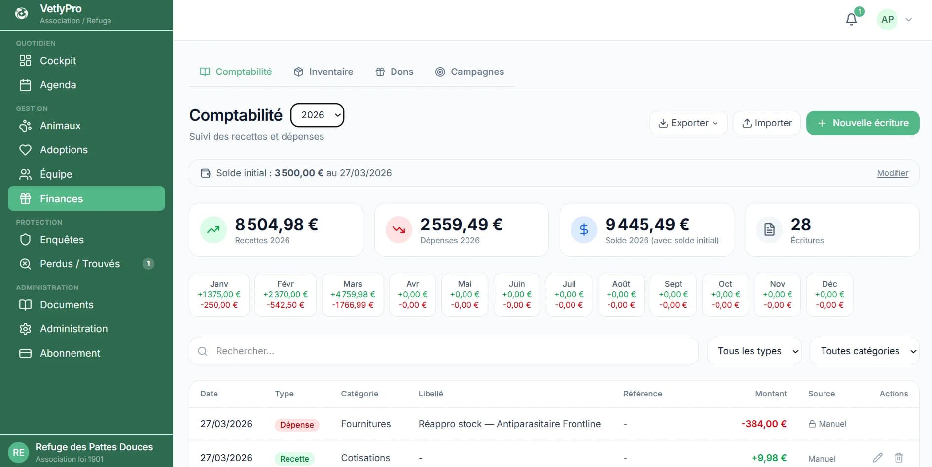 Onglet Comptabilité VetlyPro, recettes, dépenses et rapport financier PDF