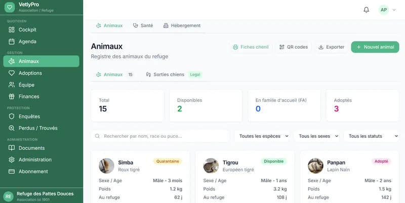 Onglet Animaux VetlyPro, liste des animaux du refuge avec statuts, photos et filtres